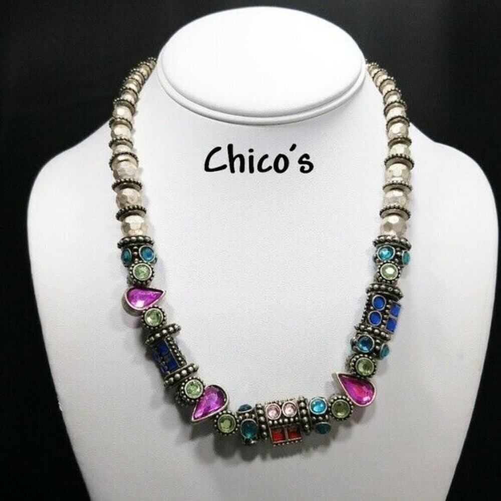 Chico's Silver Sliding Charms Rhinestone Necklace, 19 Inches, New With Tags